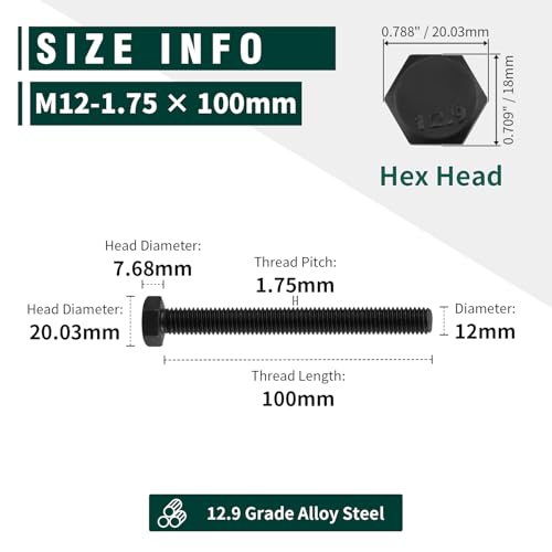 Image of M12-1.75 x 100mm Hex Bolts, 12.9 Grade Alloy Steel, Black Oxide Finish, Full Thread, Coarse Thread UNC, Hexagon Head Bolts 5 PCS