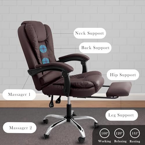 Image of Casa Copenhagen Italia Leatherette Office Chair for Work | Boss Chair, Ergonomic Executive, Luxurious Cushioned Arms & Seat, 2 Point Back Massager, Adjustable Leg Rest, Heavy Duty Metal Base(Brown)