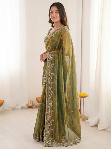 Image of ORHANS Women's Tissue Silk Ethnic Motifs Embroidered Tissue Heavy Work Saree with Embroidered With Unstitched Blouse Piece Blouse Piece | Beautiful Saree for Women | Traditional Indian Sari
