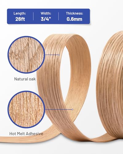 Image of Red Oak Edge Banding 3 /4 inch x 25 ft Real Wood Veneer Plywood Edge Banding Iron-on Pre-glued Veneer Edging Tape for Cabinet Repairs Furniture Restoration