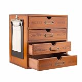 Caixa de armazenamento de madeira organizador de mesa rústico com gavetas/etiquetas prateleira de acessórios de mesa de escritório de 4 camadas com prancheta A6, pequeno armário de boticário de