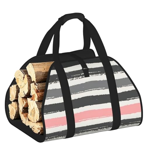 Sac en toile pour bois de chauffage rayé rose et gris foncé | Grand porte-bûches