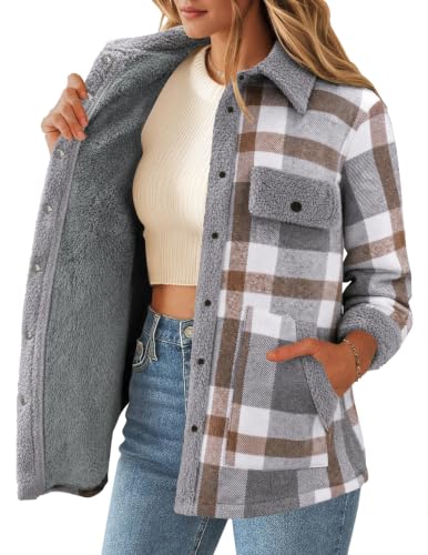 Zeagoo Fall Jackets For Women 2026 Fleece Flannel Jacket Plaid Shacket Snap Button Down Long Sleeve Shirts S