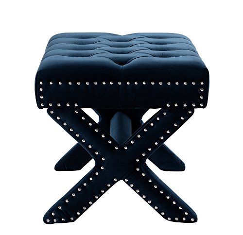 Inspired Home Louis Velvet Button Tufted Silver Nail Head Trim X-Leg Ottoman, Navy #TOP3