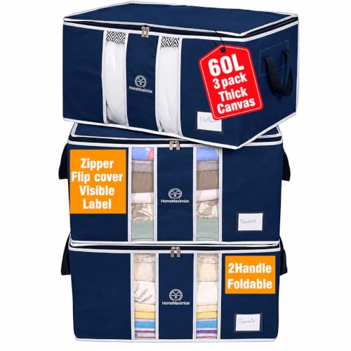 Clothes Storage Bag Organizer for, Blankets, Clothing, Comforters and Bedding Sets - Stackable with Zippers - Clear Window (Blue)
