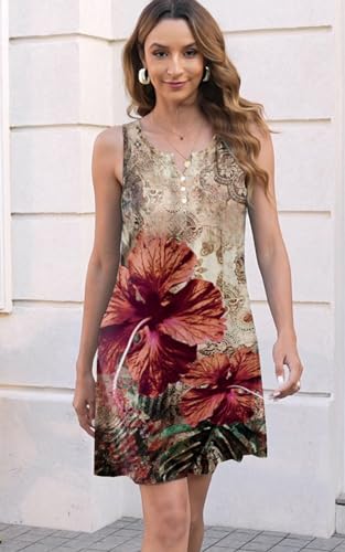 Image of Disamer Womens Summer Dress 2026 Casual Button Down V Neck Sleeveless Boho Floral Beach Sundresses Vacation A-Line Dresses