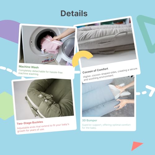Deluxe Infant Lounger, Baby Nest Cover for Baby Girls & Boys, Newborn Essentials for Baby 0-12 Months, 100% Cotton, Co Sleeper Portable Travel Bed (Darkgray) - Thumbnail 7