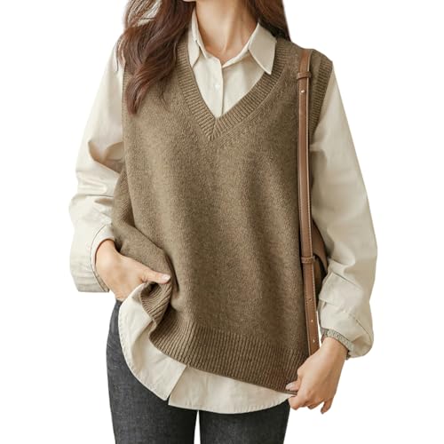 Image of Wowcarbazole Womens V Neck Sweater Vest Casual Ribbed Knitted Sleeveless Trendy Pullover Tank Tops Fall