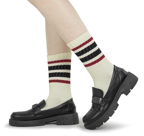 Image of BomKinta Striped Crew Socks Women - Retro Novelty Socks - Stretchy Casual Athletic Cotton Gifts Sock Size 5-10
