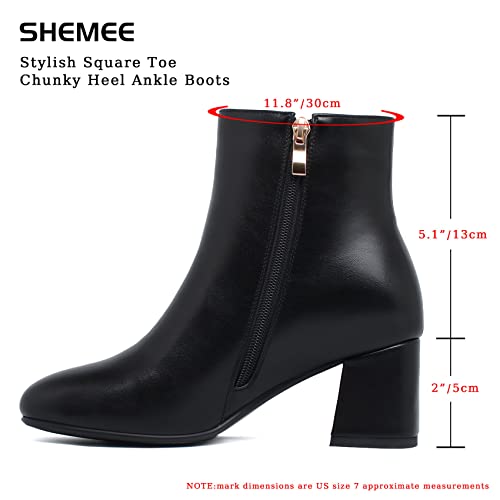 SHEMEE Women's Square Toe Chunky Ankle Booties Block Mid Heel Side Zipper Short Boots2