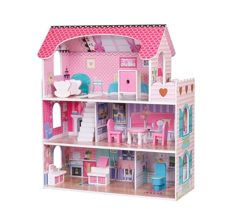 ATAA Toys Casita de muñecas para niñas y niños 62x27x70cm - Rosa -Gran casita de muñecas de Madera para niñas y niños Rosa Accesorios