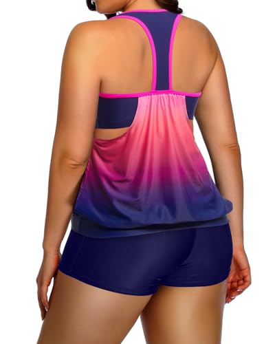 Image of Womens Plus Size Tankini Swimsuit Two Piece Tummy Control Bathing Suit | Blouson Racerback Tankini Top with Shorts, Double Up Design, Removable Pad