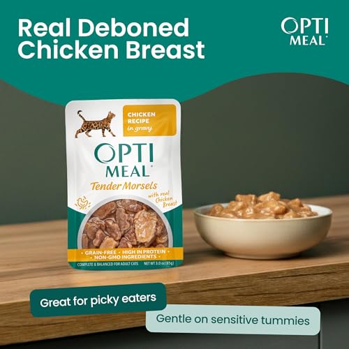 Image of Optimeal Wet Cat Food Grain Free - Chicken Tender Morsels, High Protein Premium Nutrition Made with Natural European Ingredients, Adult Cat Pouches 3oz (Pack of 12)