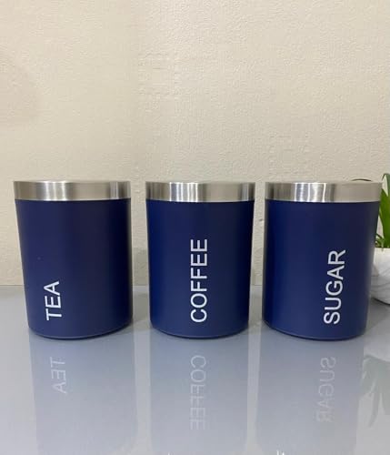 Image of Stunning Set of 3 Tea Coffee Sugar Canisters – Kitchen Storage Jars with Lids – Metal Container Tins - Stylish Tin Pots (Navy)