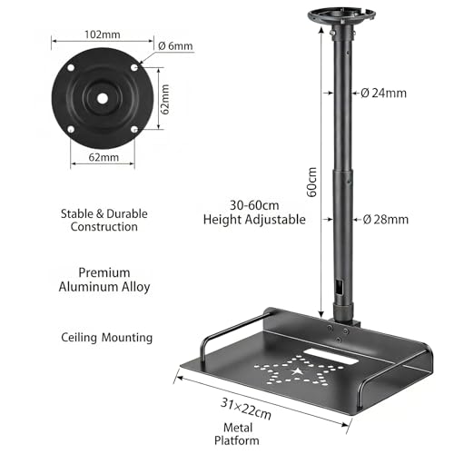 Fesatccoz Beamer Deckenhalterung Höhenverstellbar 30–60 cm – Beamer Halterung Decke und Beamer Wandhalterung mit Kabelmanagement, Projektor Halterung Decke mit Metallablage 31×22 cm, Schwarz