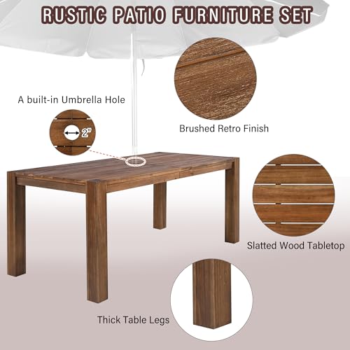 Image of Outdoor Patio Dining Table and Chairs Set for 6, 7 PCS Patio Furniture Set | Outdoor Dining Set for 6 with Umbrella Hole, Wood Frame with Removable Cushion for Garden, Backyard, Lawn and Poolside