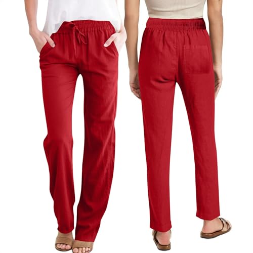 Womens Casual Pants Drawastring High Rise Straight Leg Full Length Pant Solid Color Slim Comfy Trousers with Pockets2