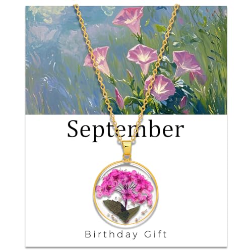 GolbalJew Birth Flower Necklace Handmade Month Floral Pendant Necklaces for Women - Real Pressed Flower Charm Jewelry, Personalized Birthday Gift