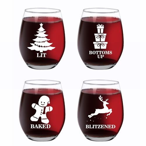 Funny Christmas Wine Glasses, Set of 4 Christmas Stemless Wine