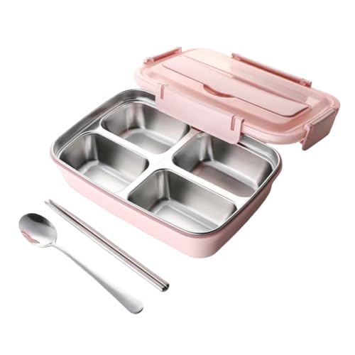 【304ステンレス製】保温弁当箱 大容量1200ml 防漏食器付き キャンプ・アウトドア向け 女の子・学生・社会人用 あったかフードボックス 電子レンジ対応 麺・パスタ対応 箸付き (ピンク,ステンレス製4グリッド)