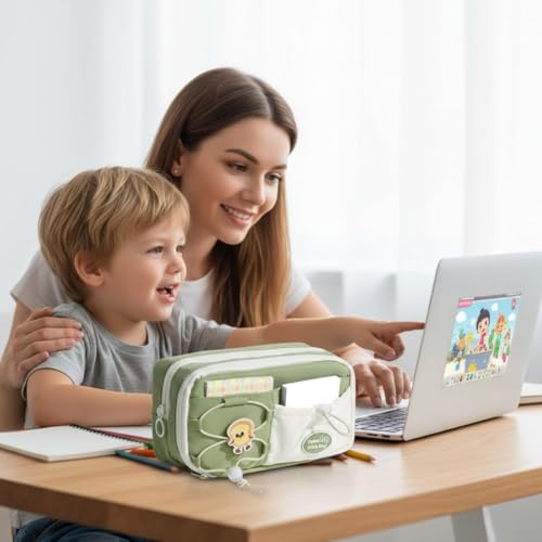 Image of Canvas School Bag Pencil Case, 3 Layer 6 Compartment Large Capacity, Aesthetic Pencil Pouch for Stationary, Cute Stationery for Kids, Pencil Case for Girls & Boys (Nice Day Green)