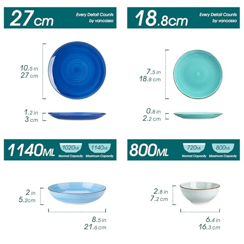 Miniatura 2 de Vancasso Serie Bonita Juego De Vajilla Completo 24 Piezas Pintados A Mano Con 6 Platos Llanos, 6 Platos De Postre, 6 Cuencos Para Pasta Y 6 Cuencos De Cereales, Vajilla Azul Colores Para 6 Personas
