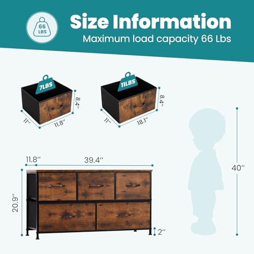 Image of OLIXIS 5 Drawer Dresser for Bedroom, Wide Fabric Storage Tower, Brown | Closet Chest Organizer Furniture, TV Stand for Living Room, Wooden Top and Metal Frame