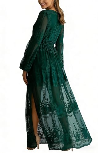 Image of LRISES Womens V Neck Floral Embroidered Lace Wedding Maxi Dress Boho Short Sleeve Slit Bridesmaid Evening Party Dresses