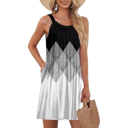 Freizeit Strandkleid Damen Kurz Sommerkleid Ärmellos Rundhals Sexy Minikleid Boho-Kleid Trägerkleid Plissee Kleider Sommer Luftig Leicht Bikini...