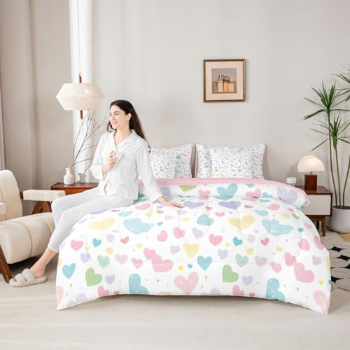 Image of Erosebridal Cute Heart Queen Comforter Set 7 Piece Valentine Love Heart Comforter Set Rainbow Hand Drawn Style Bedding Sets for Kids Girls Cartoon Geometric Sheet Set with Comforter