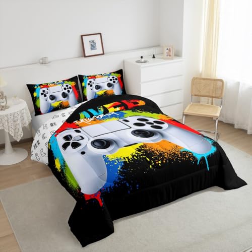 Image of Gamer Comforter Sets for Boys Kids Gaming Comforter King Size Teens Girls Colorful Rainbow Tie Dye Decor Video Games Controller Bedding Set Young Men Player Reversible Quilt for All Season 3Pcs Boys