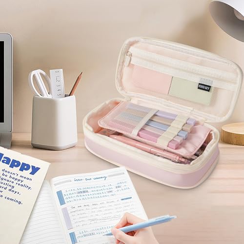 Image of Large Capacity Pencil Case Pouch with 5 Black Gel Pens (Pink) | Expandable, Water-resistant, 4-compartment design, Versatile, Quality materials, Cute style, 0.5mm gel pens