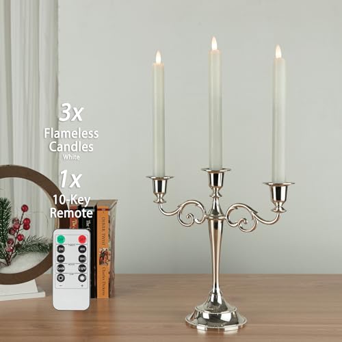 Image of Flameless Taper Candles with Rmote, 9.6 inch Real Wax Battery Operated Candles with 3D Wick, 3 Pack Led Flickering Candlesticks, Electric Candle for Home, Wedding, Party, Decor, White
