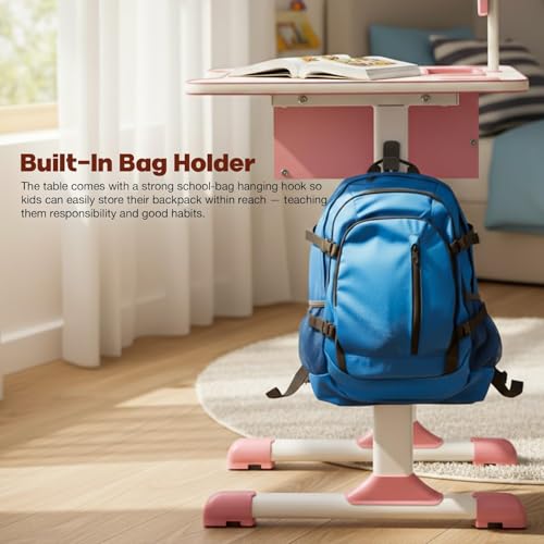 Image of BAYBEE Study Table for Kids 5-12 Years Boys Girls | Ergonomic Desk Table with Chair, Height Adjustable, Book Holder, Storage Drawer & Footrest | Perfect for Reading, Writing & Studying (Premium Pink)