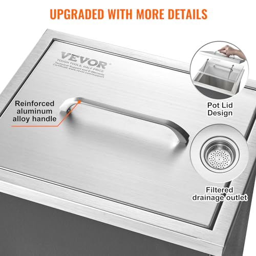 VEVOR Drop-in-Eisbox, 25,3 L Edelstahl-Eiskühler, 355 x 305 x 461 mm Kommerzieller Eisbehälter mit Abdeckung, Eingebaute Eisspeichertruhe, Abflussrohr und Ablassstopfen im Lieferumfang Enthalten