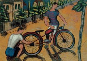 Peinture à l'huile de Gyorgy Roman, chef-d'œuvre Boys with Motorbike 1930 sur toile premium