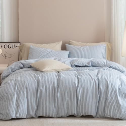 JIYUAN Queen Washed Cotton Duvet Cover Set, 3-Piece, Linen-Like Pinstripe by JIYUAN - Used condition - US$57.78
