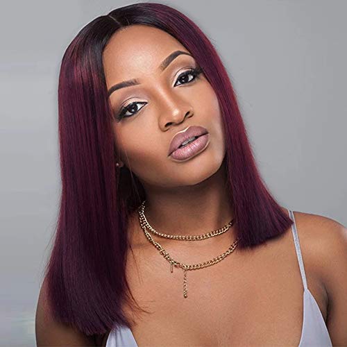 Ombre Bob Wine Red Lace Front Wig Short Bob Wig for Black Women 1B/99J Color Pre Plucked Burgundy Red Synthetic Bob Wigs With Baby Hair (16 inch)