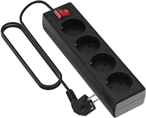 Garza Power   Regleta de 4 enchufes con Interruptor y Toma de Tierra | Ladrón múltiple de 1.4 Metros | hasta 3680W | Protección Infantil |Cable H05W F 3G | Color Negro