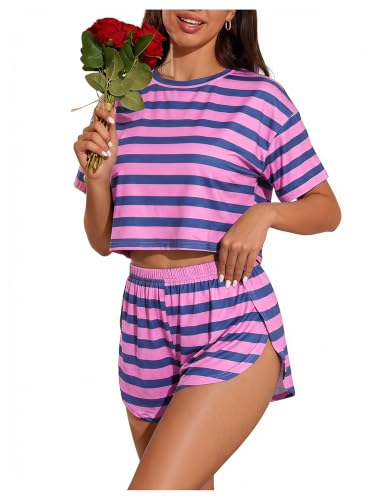 Image of OYOANGLE Pajamas for Women Set Side Split Shorts Pj Sets Sexy Lounge Sets | 2 Piece Cute Pjs,Womens Pajama Sets,Loungewear,Matching Pjs,Sleepwear for Gifts,Wedding,Party