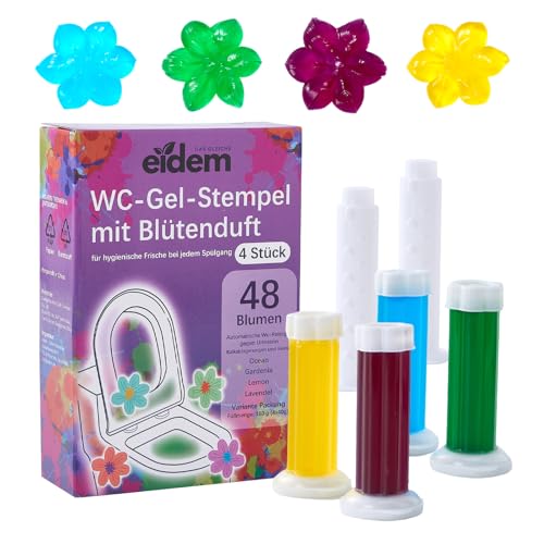 eidem Tampon gel WC | 4 × parfums : océan, gardénia, citron, lavande | 4 × 40 g = 160 g | 48 utilisations | Avec applicateur et forme de fleur | Pour une fraîcheur hygiénique à chaque chasse