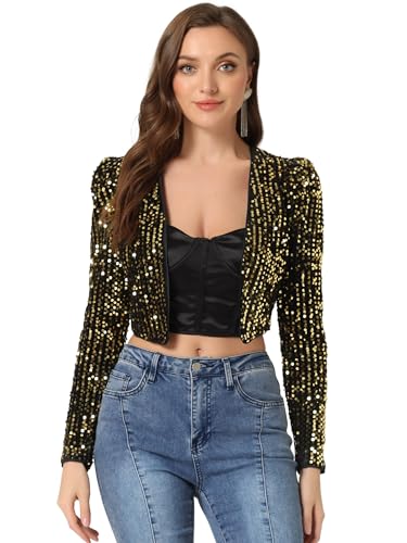 Allegra K Women's Christmas Sequin Shrug Open Front Collarless Glitter Sparkly Crop Blazer Jacket Medium Black Gold