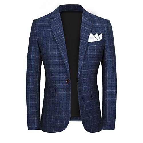 Premium Men Navy Blue Plaid Tweed Blazer Prom Tuxedo Notch Lapel Check Grooms Tuxedo Wedding 3 Pieces Suit Jacket Pants Vest3