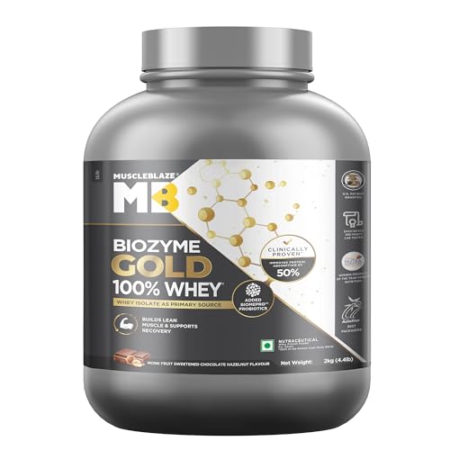 Image of MuscleBlaze Biozyme Gold 100% Whey Protein Powder (Monk Fruit Sweetened Chocolate Hazelnut, 2kg / 4.4 lbs) | 26g Protein Per Scoop | Whey Isolate as Primary Protein Source