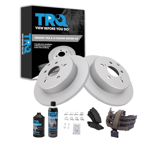 Image of TRQ Rear Brake Pad & Rotor Kit, with Chemical Kit Parking Brake Shoe Set Ceramic Premium G-Coated Compatible with 2016-2019 Toyota Mirai 2012-2017 Prius V