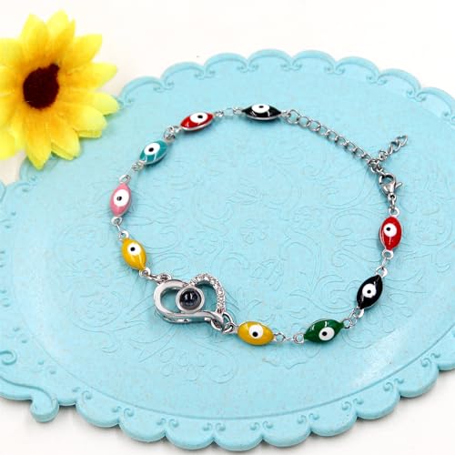 Image of 100 Languages I Love You Projection Heart Charm Evil Eye Chain Bracelet Adjustable Good Luck Jewelry Valentine's Day Anniversary Birthday Protection Gift for Women Mom Wife