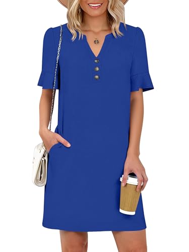Image of Prinbara Womens Summer Casual Dresses Ruffle Short Sleeve V Neck Button 2026 Spirng Vacation Beach Loose Boho Shift Dress