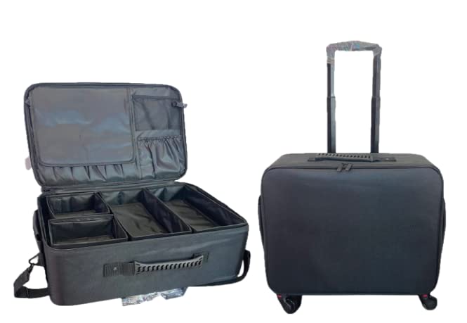 Rolling Makeup Train Case,Extra Large Professional Trolley Cosmetic Case,3-Layer Cosmetic Organizer Portable Nail Organizer Box with Adjustable Divider for Barber Makeup Artist (Black)