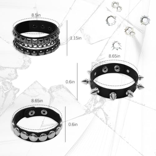 3 Pcs Leather Punk Bracelet Punk Rock Bracelet Cuff Rock Studded Bracelets 80s Wristband Bracelets for Men Women Halloween Party Accessories3