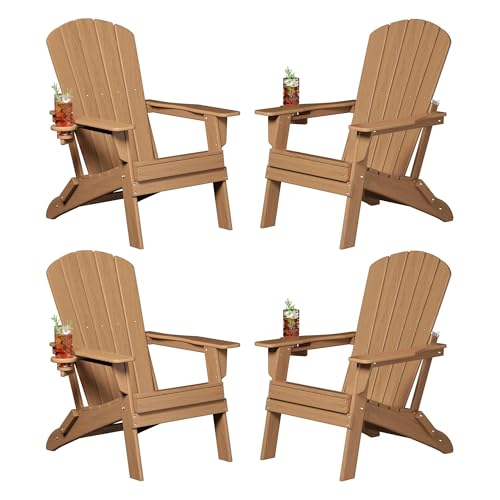 Plawdlik Folding Adirondack Chair, SGS Tested, Wooden Textured with Cup Holder, Heavy All-Weather HDPE Comfortable Set Poolside Backyard Lawn Teak Set 4